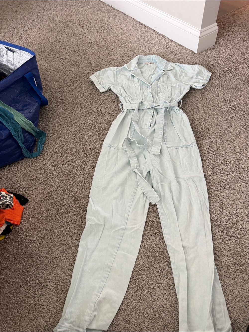 Skies Are Blue Light Wash Short-Sleeve Utility Jumpsuit